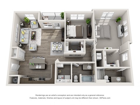 Floor plan for 2 beds, 2 baths, 1136 sqft